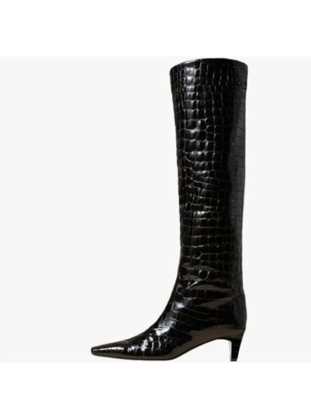 Black Crocodile Women Stretchy Knee High Boots Square Toe Kitten Heel Long Boots